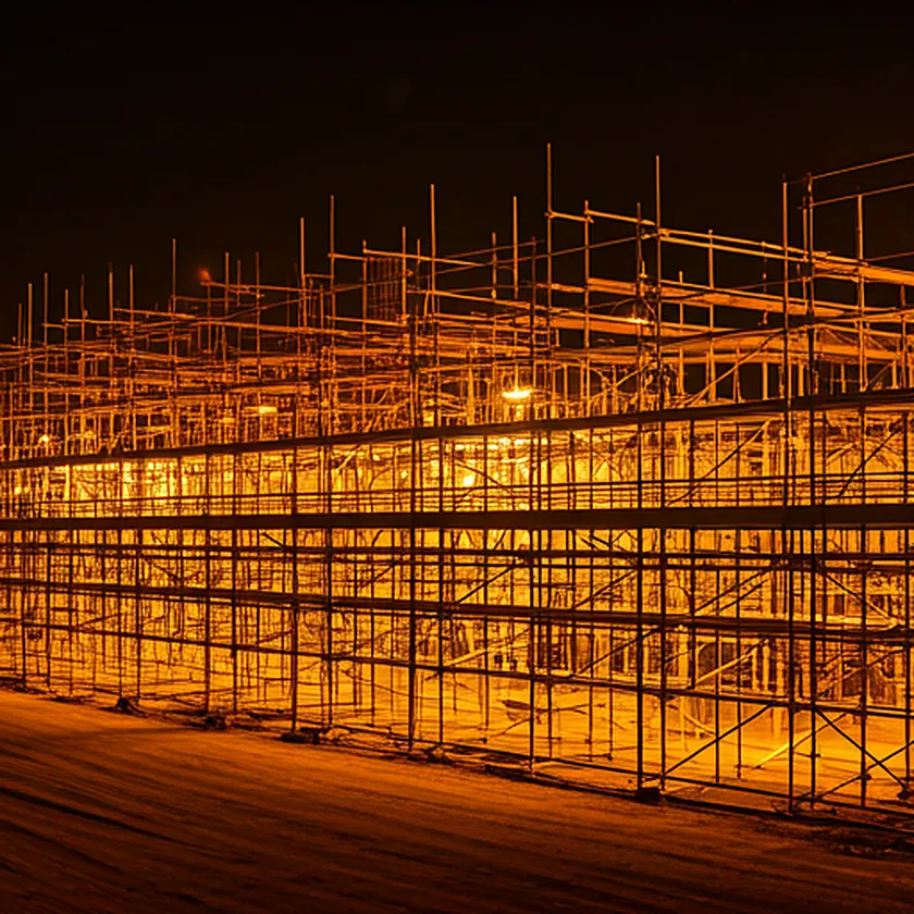 Industrial construction site at night with glowing amber lights and steel scaffolding