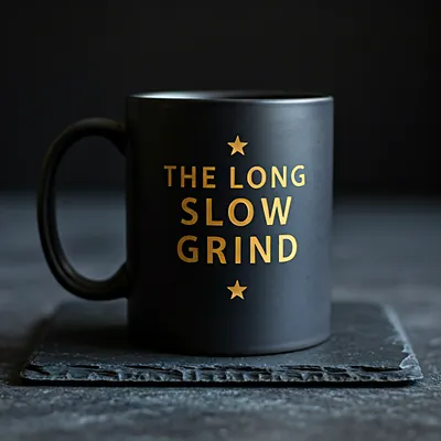 Matte black ceramic mug with laser-etched gold logo