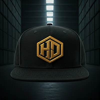 Premium black structured snapback hat with gold industrial logo