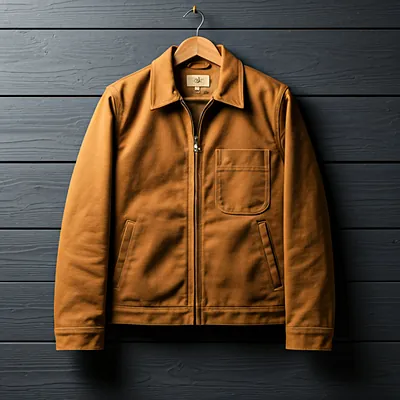 Premium brown canvas work jacket with brass zippers and gold logo