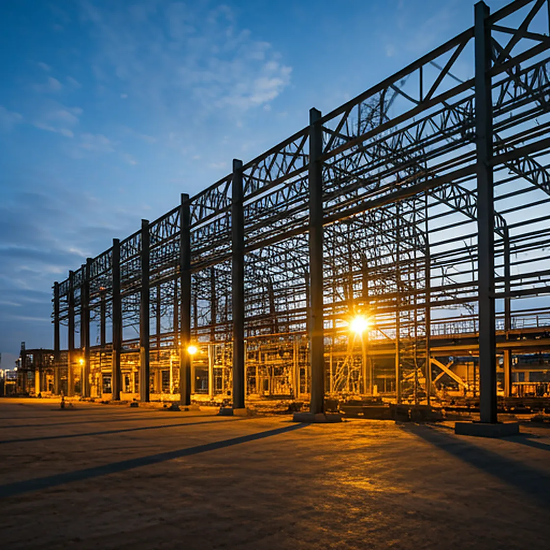Structural steel construction site at twilight with heavy machinery and industrial lighting